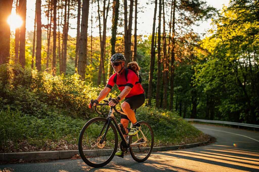 Hund am Fahrrad im Rucksack